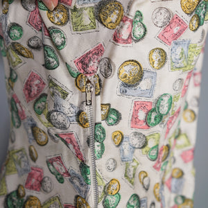 40s STAMP AND COIN PRINT NOVELTY FIT AND FLARE PASTEL DAY DRESS - S