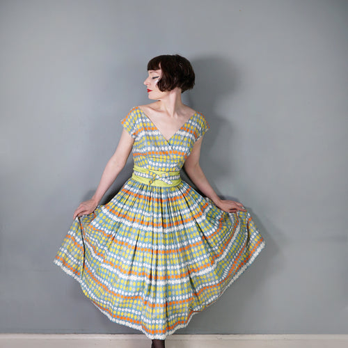 50s MARYON NOVELTY CITRUS FRUIT PRINT FULL SKIRTED COTTON DRESS - S