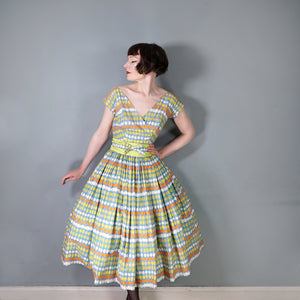 50s MARYON NOVELTY CITRUS FRUIT PRINT FULL SKIRTED COTTON DRESS - S