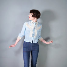 Load image into Gallery viewer, 50s "AV-EN-NO" SHEER BABY BLUE LACE TRIM DELICATE BLOUSE - XS-S