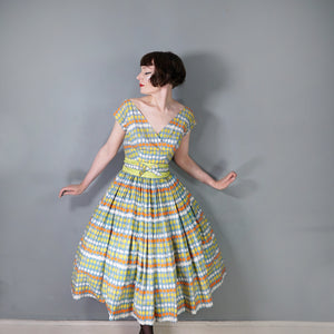 50s MARYON NOVELTY CITRUS FRUIT PRINT FULL SKIRTED COTTON DRESS - S