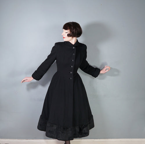 50s BLACK WOOL FULL SKIRTED PRINCESS COAT WITH FAUX FUR HEM - S-M
