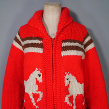 Load image into Gallery viewer, BRIGHT RED EQUESTRIAN HORSE INTARSIA CHUNKY WOOL KNIT COWICHAN CARDIGAN - M-L