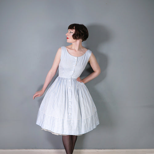 50s / 60s MELBRAY PASTEL BLUE WOVEN STRIPE FULL SKIRTED DRESS - S