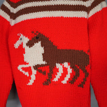 Load image into Gallery viewer, BRIGHT RED EQUESTRIAN HORSE INTARSIA CHUNKY WOOL KNIT COWICHAN CARDIGAN - M-L