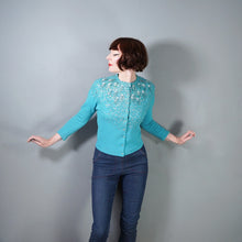 Load image into Gallery viewer, 50s 60s BRIGHT TURQUOISE WOOL CARDIGAN WITH IRRIDESCENT SEQUINS - M