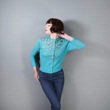 Load image into Gallery viewer, 50s 60s BRIGHT TURQUOISE WOOL CARDIGAN WITH IRRIDESCENT SEQUINS - M