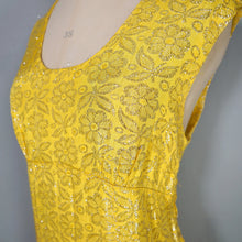 Load image into Gallery viewer, 60s SHIMMERY METALLIC SILVER AND YELLOW EMPIRE BUST DRESS - S-M