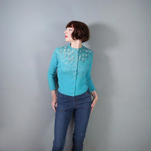 Load image into Gallery viewer, 50s 60s BRIGHT TURQUOISE WOOL CARDIGAN WITH IRRIDESCENT SEQUINS - M
