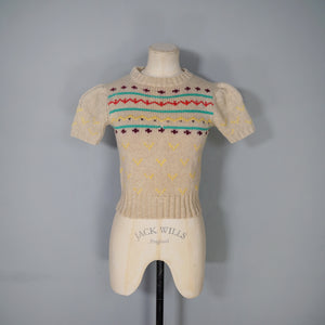 70s CROPPED PUFF SLEEVE WOOL BEIGE FAIRISLE JUMPER - XS