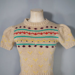 70s CROPPED PUFF SLEEVE WOOL BEIGE FAIRISLE JUMPER - XS