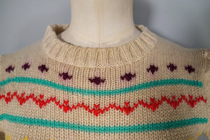 70s CROPPED PUFF SLEEVE WOOL BEIGE FAIRISLE JUMPER - XS