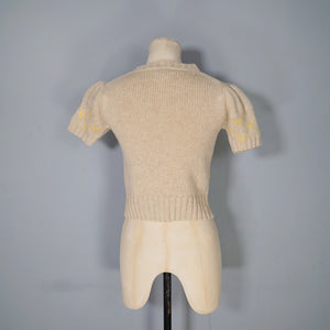 70s CROPPED PUFF SLEEVE WOOL BEIGE FAIRISLE JUMPER - XS