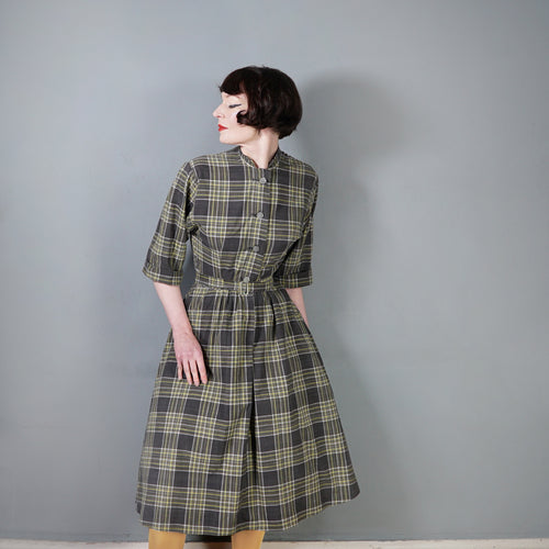 40s HANDMADE GREY YELLOW CHECK COTTON DAY DRESS WITH BELT - S-M