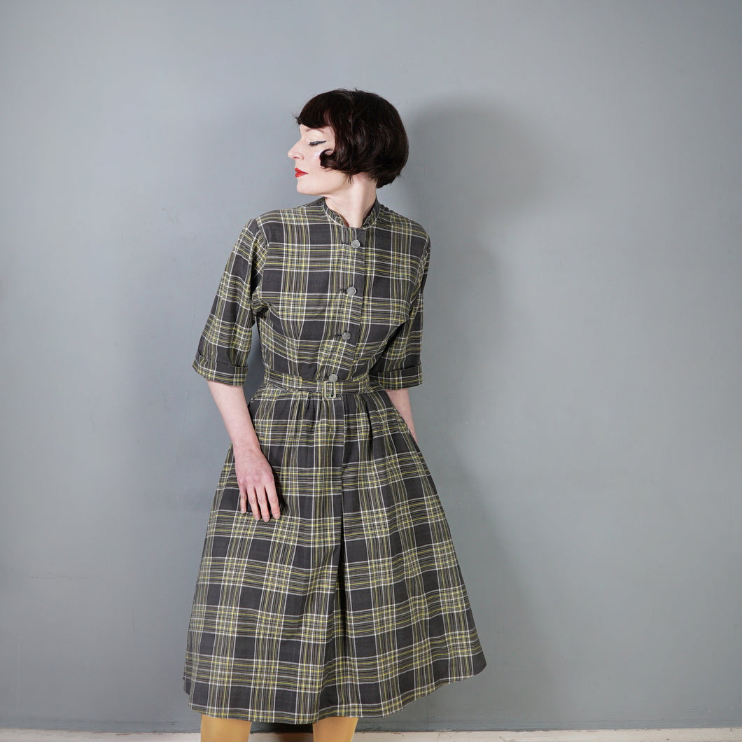 40s HANDMADE GREY YELLOW CHECK COTTON DAY DRESS WITH BELT - S-M