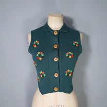 Load image into Gallery viewer, 40s PURE WOOL FINE KNIT SLEEVELESS CARDIGAN / WAISTCOAT TANK WITH FLORAL EMBROIDERY - S-M
