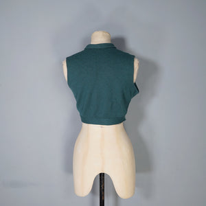 40s PURE WOOL FINE KNIT SLEEVELESS CARDIGAN / WAISTCOAT TANK WITH FLORAL EMBROIDERY - S-M