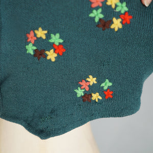 40s PURE WOOL FINE KNIT SLEEVELESS CARDIGAN / WAISTCOAT TANK WITH FLORAL EMBROIDERY - S-M
