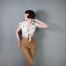 Load image into Gallery viewer, 50s NOVELTY PRINT BOLERO TIE BLOUSE / TOP IN PARISIAN FOOD MARKET PRINT - XS-S