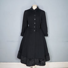 Load image into Gallery viewer, 50s BLACK WOOL FULL SKIRTED PRINCESS COAT WITH FAUX FUR HEM - S-M