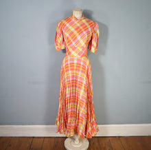 Load image into Gallery viewer, 70s BRIGHT ORANGE AND PINK CHECKED PLEATED MAXI DRESS WITH CUT OUT BACK - S