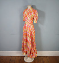 Load image into Gallery viewer, 70s BRIGHT ORANGE AND PINK CHECKED PLEATED MAXI DRESS WITH CUT OUT BACK - S