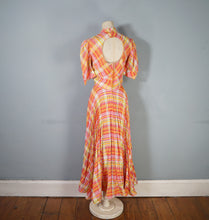 Load image into Gallery viewer, 70s BRIGHT ORANGE AND PINK CHECKED PLEATED MAXI DRESS WITH CUT OUT BACK - S