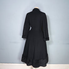 Load image into Gallery viewer, 50s BLACK WOOL FULL SKIRTED PRINCESS COAT WITH FAUX FUR HEM - S-M