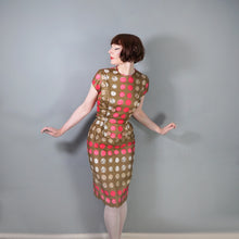 Load image into Gallery viewer, 60s CARNEGIE BROWN AND PINK CIRCLE PRINT WIGGLE DRESS - S