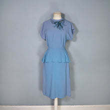 Load image into Gallery viewer, 40s DUBARRY LIGHT BLUE CREPE PEPLUM DRESS WITH SEQUIN AND BEAD BOW EMBELLISHEMENT - S