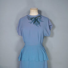 Load image into Gallery viewer, 40s DUBARRY LIGHT BLUE CREPE PEPLUM DRESS WITH SEQUIN AND BEAD BOW EMBELLISHEMENT - S