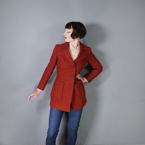 60s ITALIAN MADE DARK RUSSET RED FITTED WOOL JACKET WITH BIG LAPEL - S-M