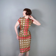 Load image into Gallery viewer, 60s CARNEGIE BROWN AND PINK CIRCLE PRINT WIGGLE DRESS - S