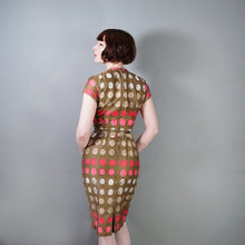 Load image into Gallery viewer, 60s CARNEGIE BROWN AND PINK CIRCLE PRINT WIGGLE DRESS - S