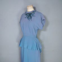 Load image into Gallery viewer, 40s DUBARRY LIGHT BLUE CREPE PEPLUM DRESS WITH SEQUIN AND BEAD BOW EMBELLISHEMENT - S