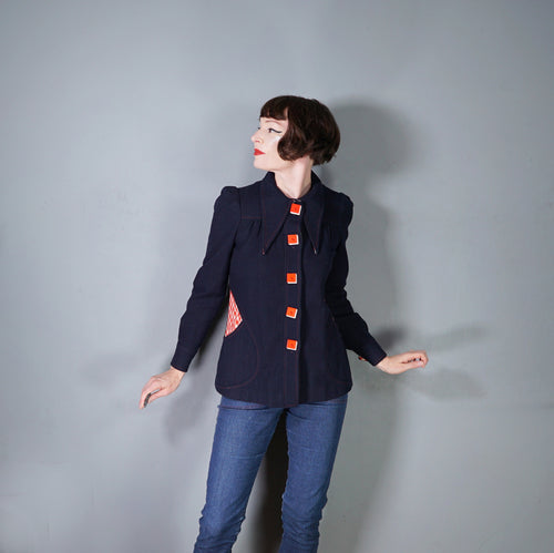 70s BUS STOP NAVY BLUE PUFF SLEEVE SWING JACKET WITH ART DECO BUTTONS - S-M