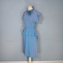 Load image into Gallery viewer, 40s DUBARRY LIGHT BLUE CREPE PEPLUM DRESS WITH SEQUIN AND BEAD BOW EMBELLISHEMENT - S
