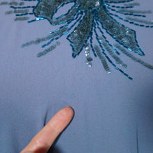 Load image into Gallery viewer, 40s DUBARRY LIGHT BLUE CREPE PEPLUM DRESS WITH SEQUIN AND BEAD BOW EMBELLISHEMENT - S