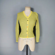 Load image into Gallery viewer, 70s BLACK AND YELLOW STRIPED RIB PATTERN TOP WITH COLOURFUL BUTTONS - XS