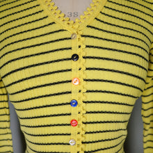 Load image into Gallery viewer, 70s BLACK AND YELLOW STRIPED RIB PATTERN TOP WITH COLOURFUL BUTTONS - XS