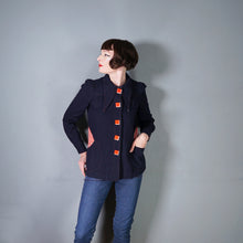 Load image into Gallery viewer, 70s BUS STOP NAVY BLUE PUFF SLEEVE SWING JACKET WITH ART DECO BUTTONS - S-M