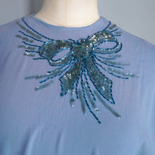 Load image into Gallery viewer, 40s DUBARRY LIGHT BLUE CREPE PEPLUM DRESS WITH SEQUIN AND BEAD BOW EMBELLISHEMENT - S