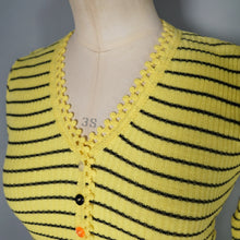 Load image into Gallery viewer, 70s BLACK AND YELLOW STRIPED RIB PATTERN TOP WITH COLOURFUL BUTTONS - XS