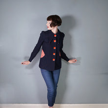 Load image into Gallery viewer, 70s BUS STOP NAVY BLUE PUFF SLEEVE SWING JACKET WITH ART DECO BUTTONS - S-M