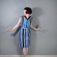 Load image into Gallery viewer, 60s BLUE COLOURBLOCK STRIPE FITTED DRESS WITH TIE BELT - M