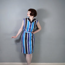 Load image into Gallery viewer, 60s BLUE COLOURBLOCK STRIPE FITTED DRESS WITH TIE BELT - M