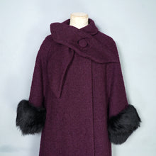 Load image into Gallery viewer, 60s DARK AUBERGINE PURPLE SWING COAT WITH BIG FUR CUFFS - one size