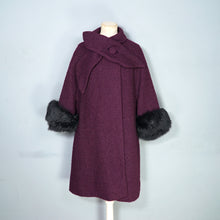 Load image into Gallery viewer, 60s DARK AUBERGINE PURPLE SWING COAT WITH BIG FUR CUFFS - one size