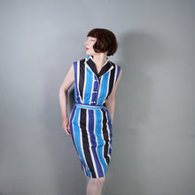 Load image into Gallery viewer, 60s BLUE COLOURBLOCK STRIPE FITTED DRESS WITH TIE BELT - M