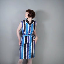 Load image into Gallery viewer, 60s BLUE COLOURBLOCK STRIPE FITTED DRESS WITH TIE BELT - M